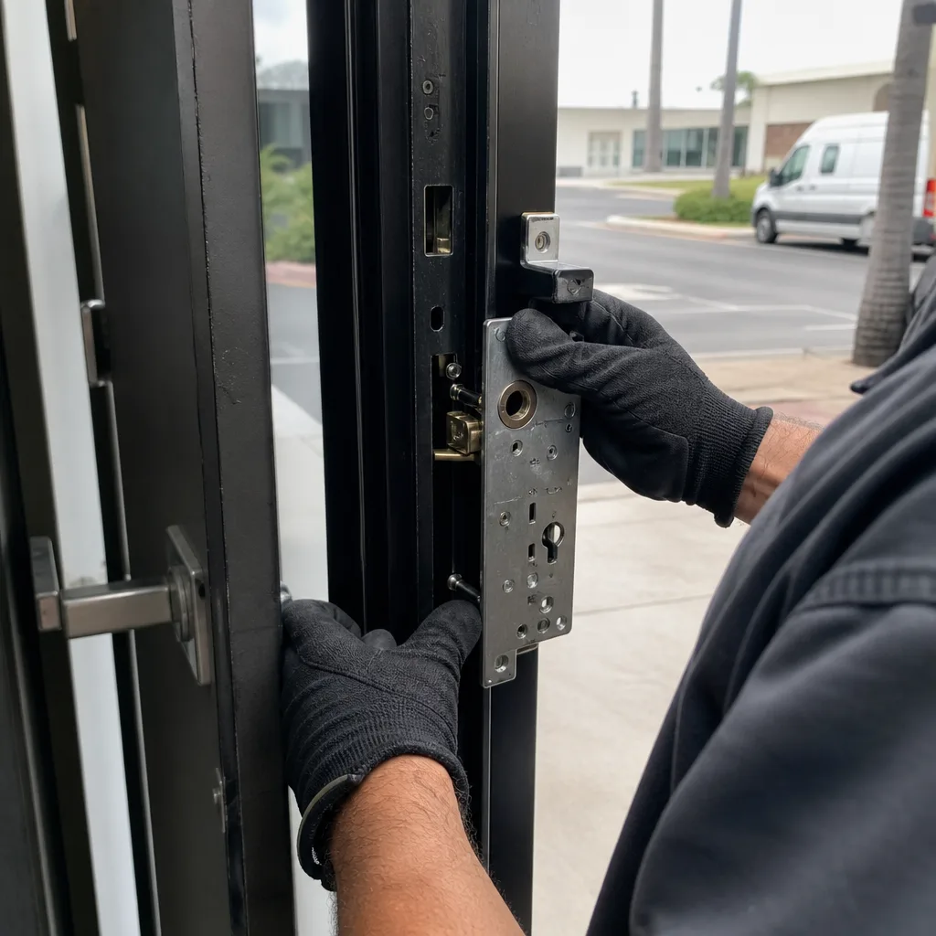 Professional commercial locksmith installing a mortise lock in a storefront door