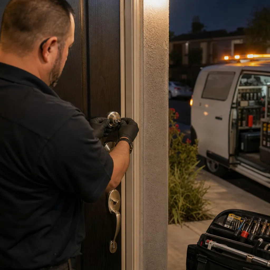 Professional locksmith performing emergency door lock repair at night