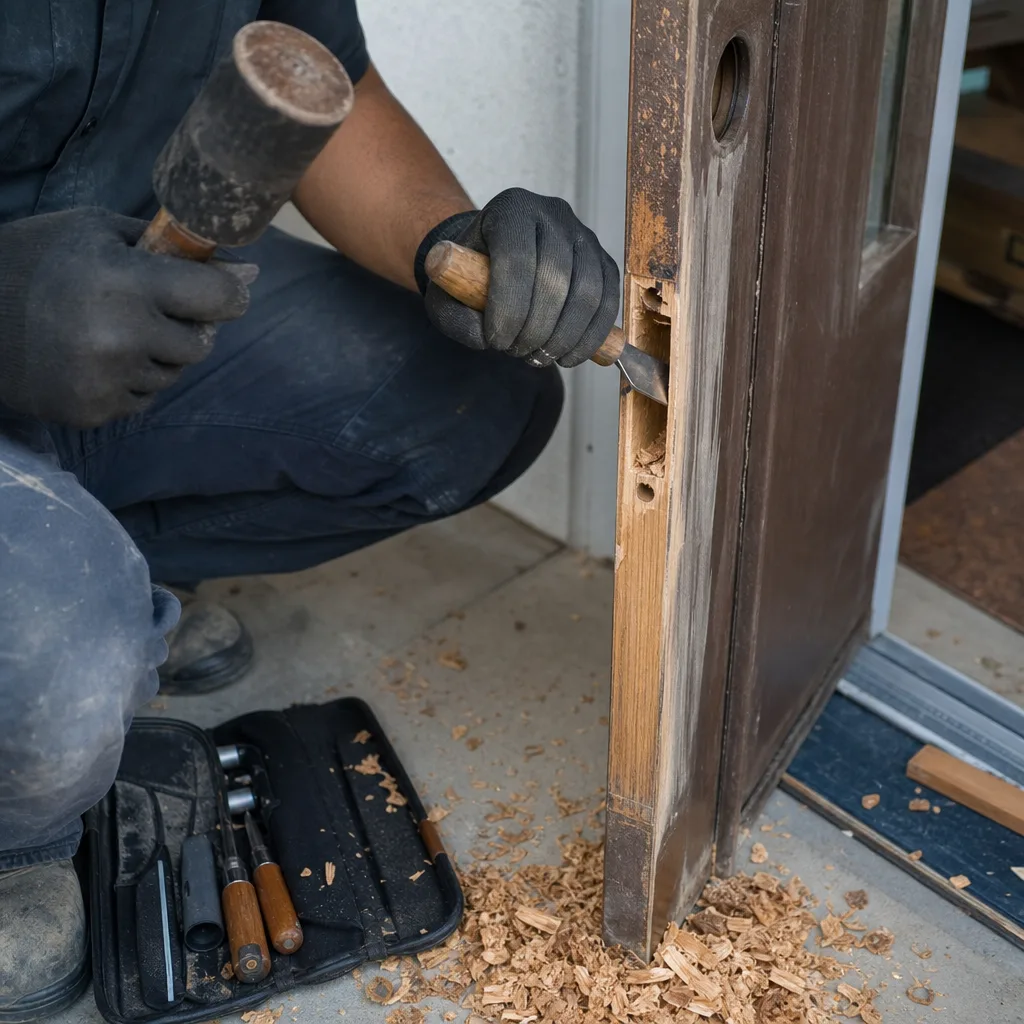 Professional locksmith using a chisel and mallet for door lock installation