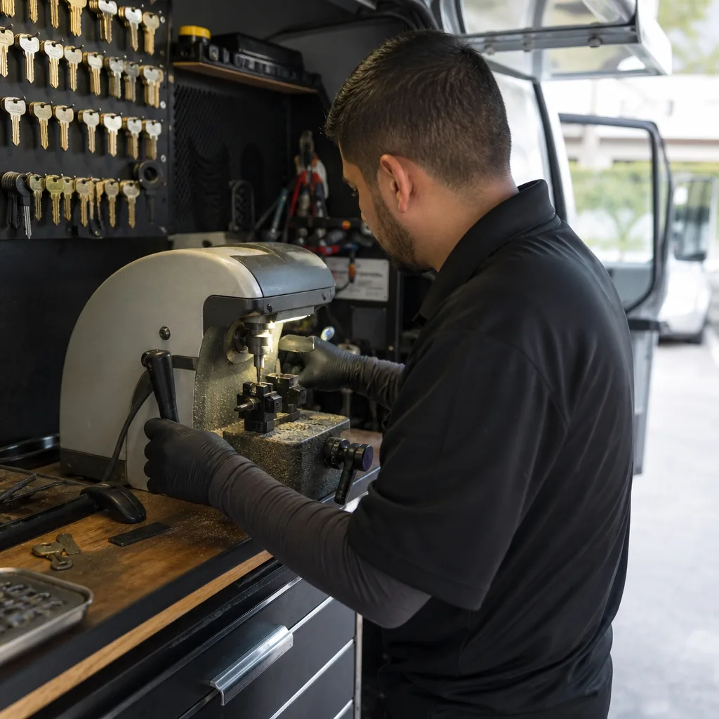 Professional locksmith using a key cutting machine in a mobile van
